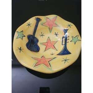Gail Pittman Pottery Large Yellow Bowl Scallop Edge Rhythm & Blues Sign Dated 04